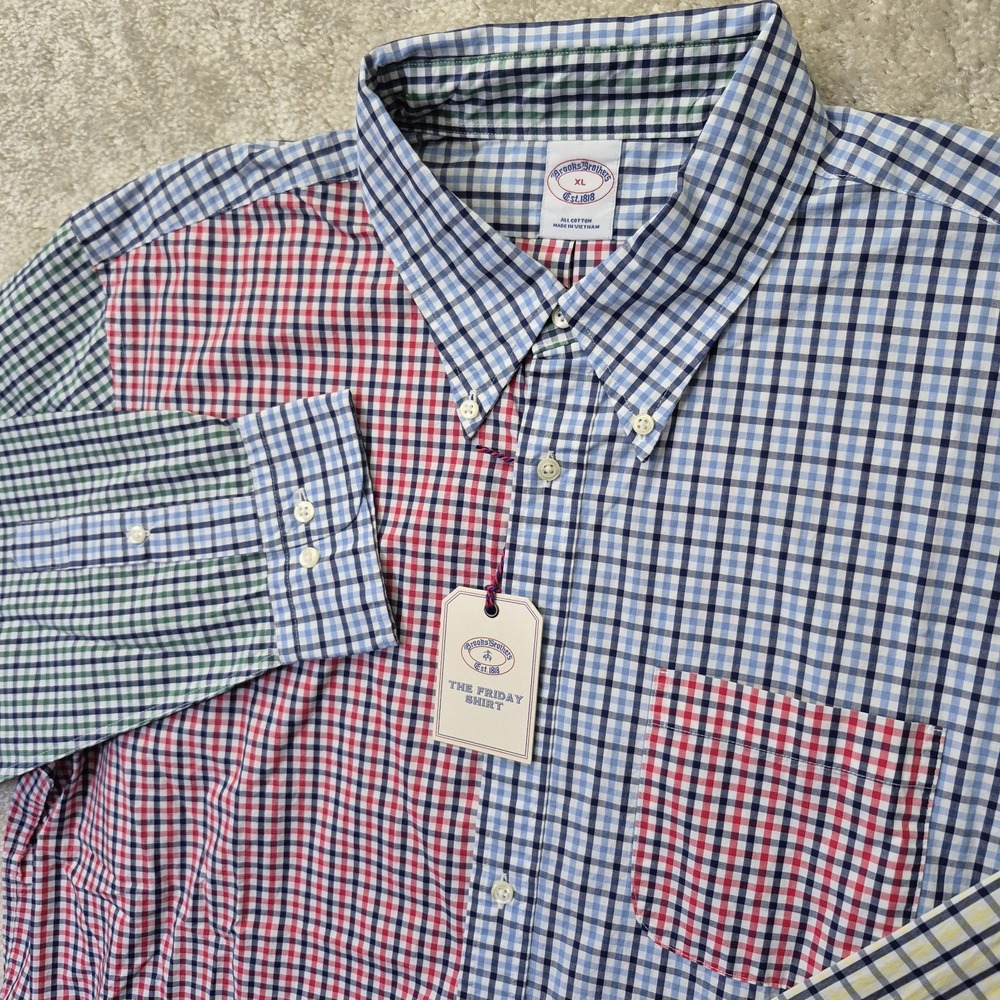 Brooks Brothers Friday Shirt Mens XL Button Down Colorblock Check 90s Retro Y2K